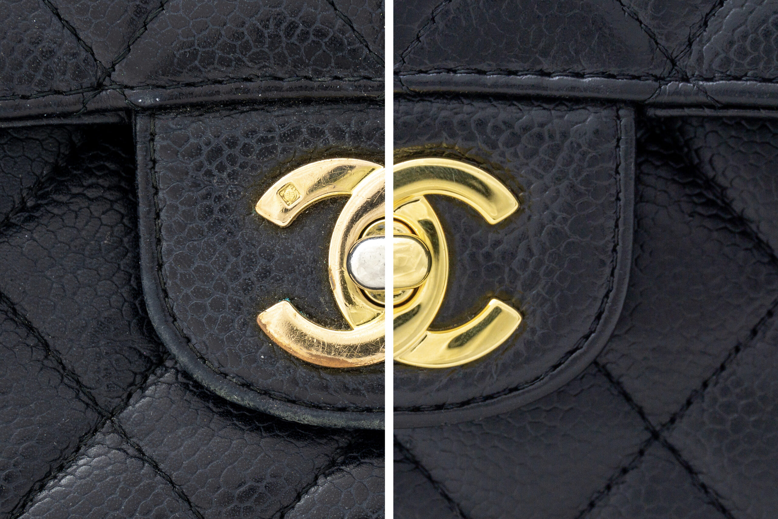Before and after hardware restoration and replating of a scuffed and faded CC turnlock on a black Chanel caviar mini handbag.