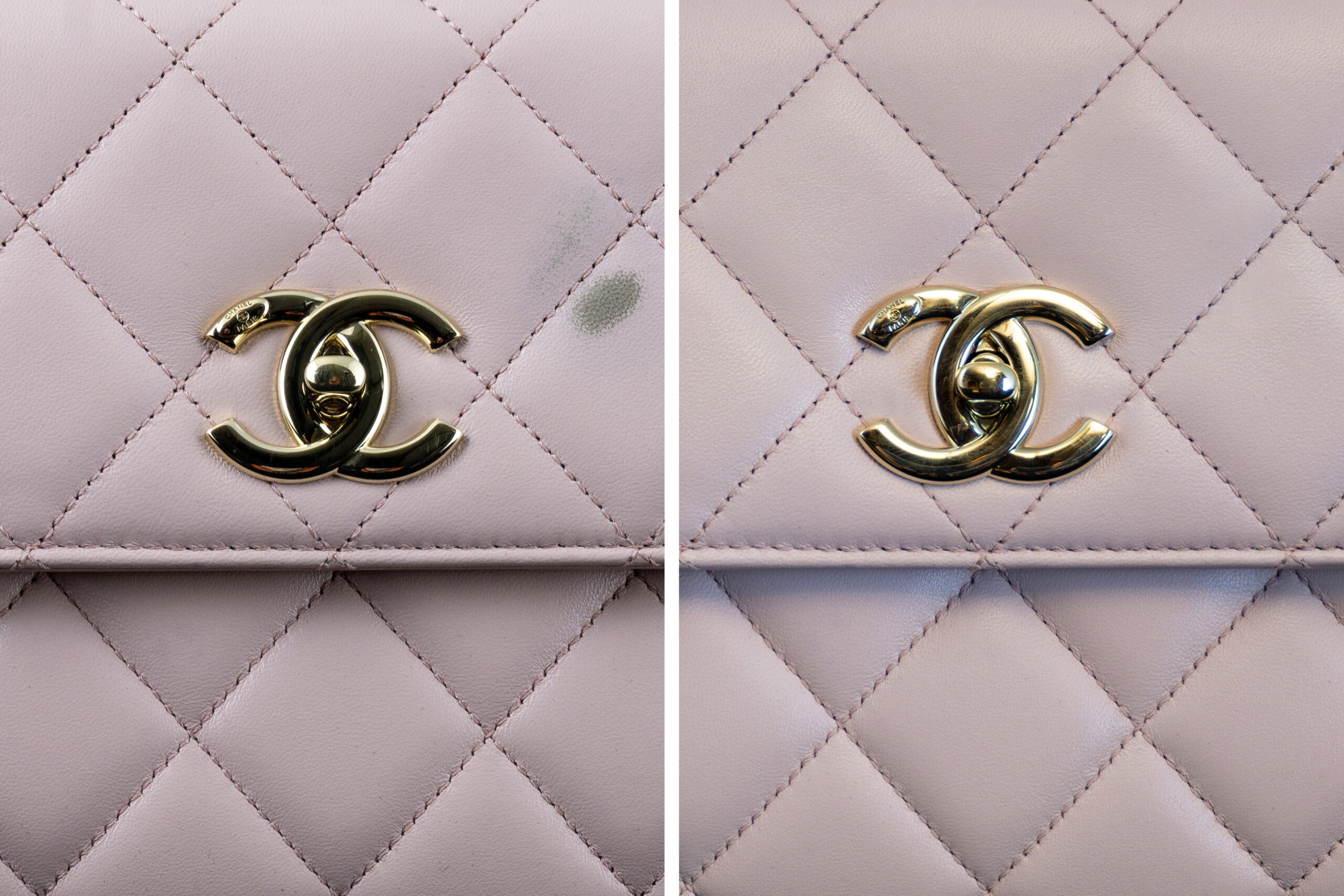 Before and after spot treatment of a pink Chanel handbag with a stain removed through cleaning, conditioning, and color correction.